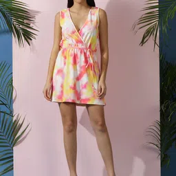 Stylecast X Kotty White & Yellow V-Neck Sleeveless Printed Fit & Flare Dress image 1