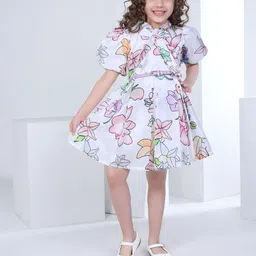 Peppermint Floral Print Mandarin Collar Puff Sleeves Fit & Flare Dress-picture-36