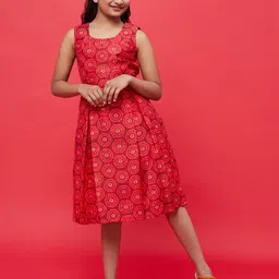 Aks Kids Girls Ethnic Motifs Printed Cut-Outs Silk Fit & Flare Dress-picture-16