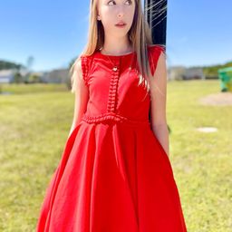 Cherry Crumble Girls Red Solid Fit and Flare Dress-picture-10