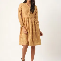 ROOTED Women Beige Embroidered Fit and Flare Dress-image-5
