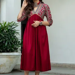 Rustorange Women Maroon & Grey Printed A-Line Dress-picture-10