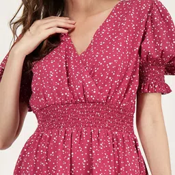DRIRO Polka Dot Printed Smocked Puff Sleeve Fit & Flare Dress image 2