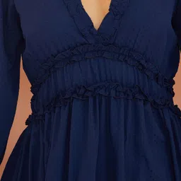 Styli Women Navy Blue Volume Sleeves Dobby Knee Length Dress with Ruffle Detail image 4