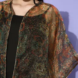 InWeave Black Floral Printed Shoulder Straps A-Line Dress With Ethnic Motifs Shrug image 3