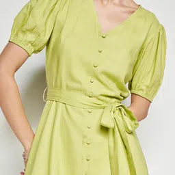 AND Puff Sleeves V-Neck Belted Linen A-Line Dress image 2