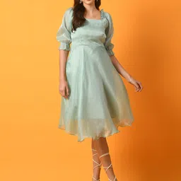 Myshka Square Neck Puff Sleeves Chiffon Fit & Flare Dress image 2
