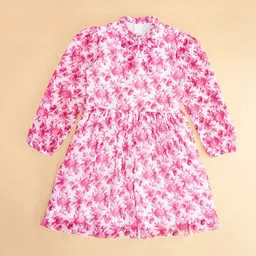 Pantaloons Junior Girls Floral Printed Round Neck Bow & Gathered Cotton Fit & Flare Dress image 2