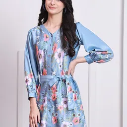 Indian Needle Women Floral Printed Puff Sleeves A-Line Dress image 3