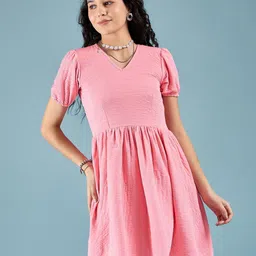 DressBerry Women V-Neck Puff Sleeves Fit & Flare Above Knee Dress image 2