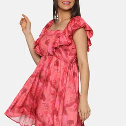 ISU Red Floral Print Flutter Sleeve Satin Fit & Flare Dress image 3