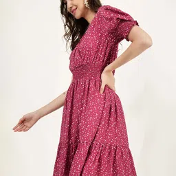 DRIRO Polka Dot Printed Smocked Puff Sleeve Fit & Flare Dress image 4