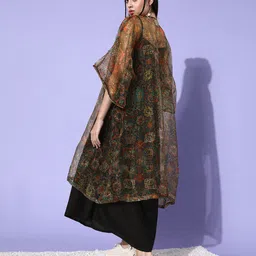 InWeave Black Floral Printed Shoulder Straps A-Line Dress With Ethnic Motifs Shrug image 5