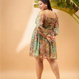SASSAFRAS Curve Plus Size Green Tropical Printed Puff Sleeves Smocked Fit & Flare Dress image 4