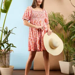 SASSAFRAS Floral Printed Smocked Fit & Flare Dress image 4