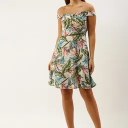 DODO & MOA Tropical Printed Off-Shoulder Crepe Fit & Flare Dress image 3