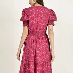DRIRO Polka Dot Printed Smocked Puff Sleeve Fit & Flare Dress image 5