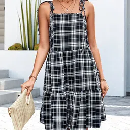 StyleCast Black & White Checked Shoulder Straps A-Line Dress image 5
