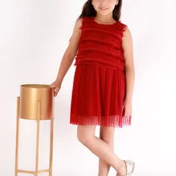 KidsDew Girls Maroon Fringed Net A-Line Dress image 5