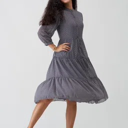 AASK Self Design Puff Sleeve Crepe Tiered A-Line Midi Dress image 5