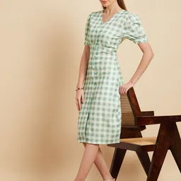 MINT STREET Checked Puffed Sleeves A-Line Dress image 4