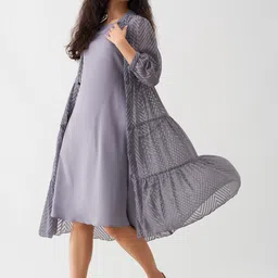 AASK Self Design Puff Sleeve Crepe Tiered A-Line Midi Dress image 2