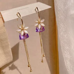 Yellow Chimes Women Gold Tone Flower Designed Crystal Long Chain Drop Dangle Earrings image 3