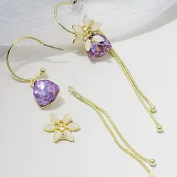 Yellow Chimes Women Gold Tone Flower Designed Crystal Long Chain Drop Dangle Earrings image 2