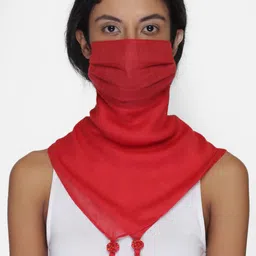 Anekaant Women Red 3-Ply Reusable Cotton Tesselled Scarf Style Fashion Mask-image-91