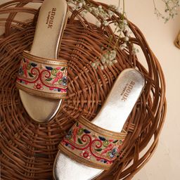 Anouk Gold Toned & Pink Embroidered Open Toe Flats-picture-34