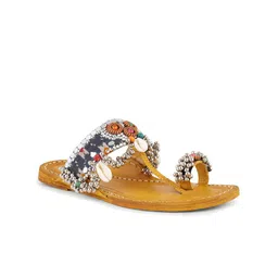 PehnawaCraft Ethnic Embellished Ikkat Leather One Toe Flats image 2