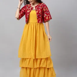 Ethnovog YellowMaroon Layered Georgette Ethnic Maxi Dress With Jacket-picture-13