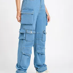 FREAKINS Women Straight Fit High-Rise Pure Cotton Cargo Jeans image 2