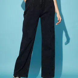 STREET 9 Women Black Straight Fit Embroidered Clean Look High-Rise Pure Cotton  Jeans-image-82