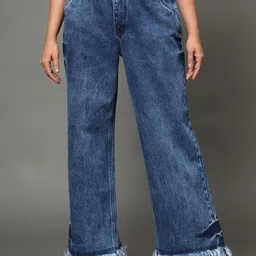 AngelFab Women Clean Look Light Fade Cotton Frayed Denim Wide Leg Jeans-picture-26