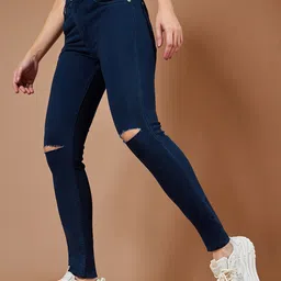 DOLCE CRUDO Women Navy Blue Mid Rise Skinny Fit High-Rise Slash Knee Stretchable Jeans-image-79