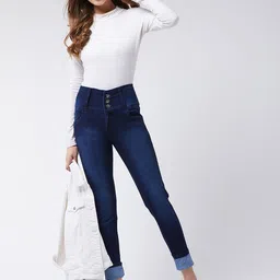 DOLCE CRUDO Women Navy Blue Skinny Fit High-Rise Clean Look Stretchable Jeans-image-25