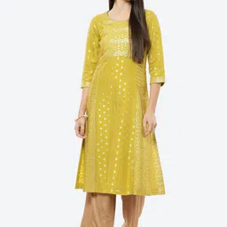 Rangriti Women Lime Green Ethnic Motifs Printed Thread Work Brocade Kurta image 1
