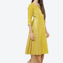 Rangriti Women Lime Green Ethnic Motifs Printed Thread Work Brocade Kurta image 3