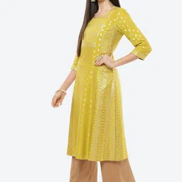 Rangriti Women Lime Green Ethnic Motifs Printed Thread Work Brocade Kurta image 4