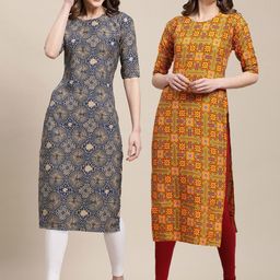 7threads KALINI Women Pack Of 2 Navy Blue & Mustard Yellow Printed Straight Crepe Kurta-picture-36