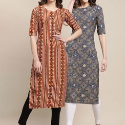 7threads KALINI Women Pack of 2 Brown & Grey Floral Printed Summer Sheers Crepe Kurta-picture-45