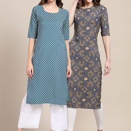 7threads KALINI Women Pack Of 2 Blue & Cream-Coloured Ethnic Motifs Printed Crepe Kurta-picture-48