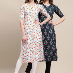 7threads KALINI Women Off White & Teal Set Of 2 Floral Printed Crepe Kurta-picture-10