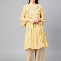 W Women Yellow & Silver Yoke Design A-Line Sustainable Kurta-image-22
