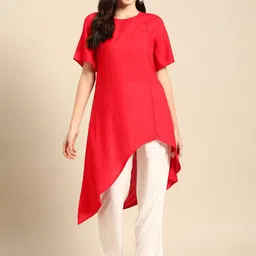 Sangria Women Solid Lace Inserts Asymmetric Flared Hem A-Line Kurta image 4