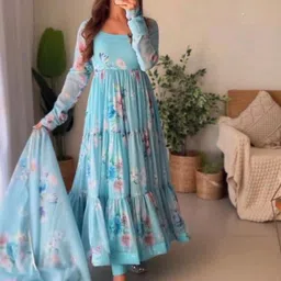 GRISHU COLLECTION Floral Printed Layered Round Neck Anarkali Kurta With Trousers & Dupatta image 2