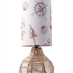 Decazone White & Beige Printed Cotton Cylindrical Shaped Table Lamp image 4