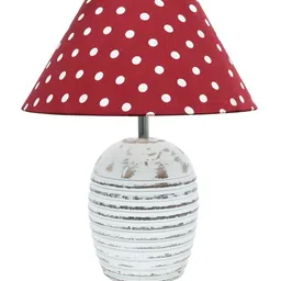Homesake White & Red Polka Dot Printed Ribbed Basket Table Lamp With Wooden Base image 2