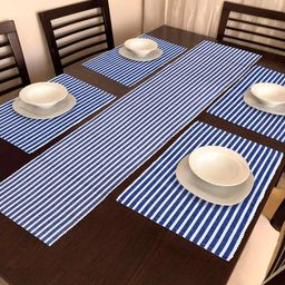 HOKIPO Blue Cotton Ribbed Washable 5 Pieces Table Mats with Runner-picture-37